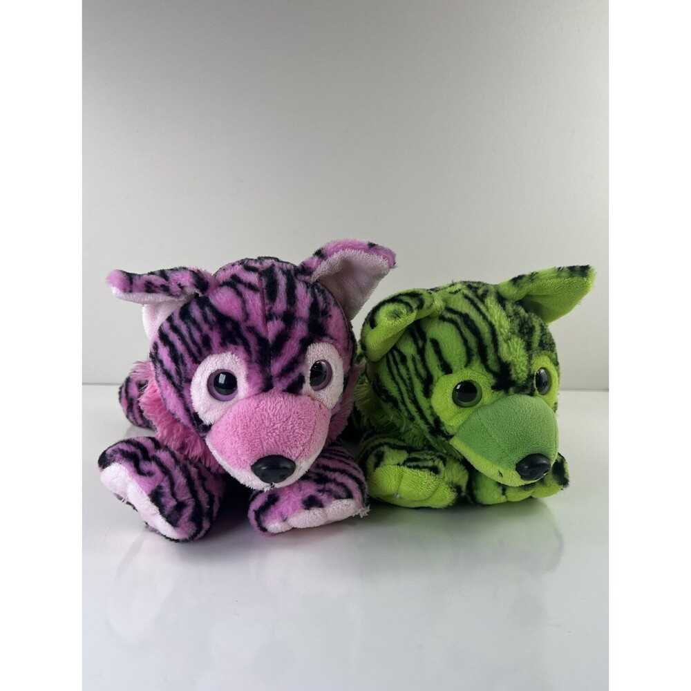 Great Wolf Lodge 2 Pc Stuffed Animal Wolf Plush Neon Pink & Green Tiger Stripes